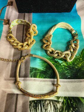 Set of 3 Gold Tone and Cloth Bracelets